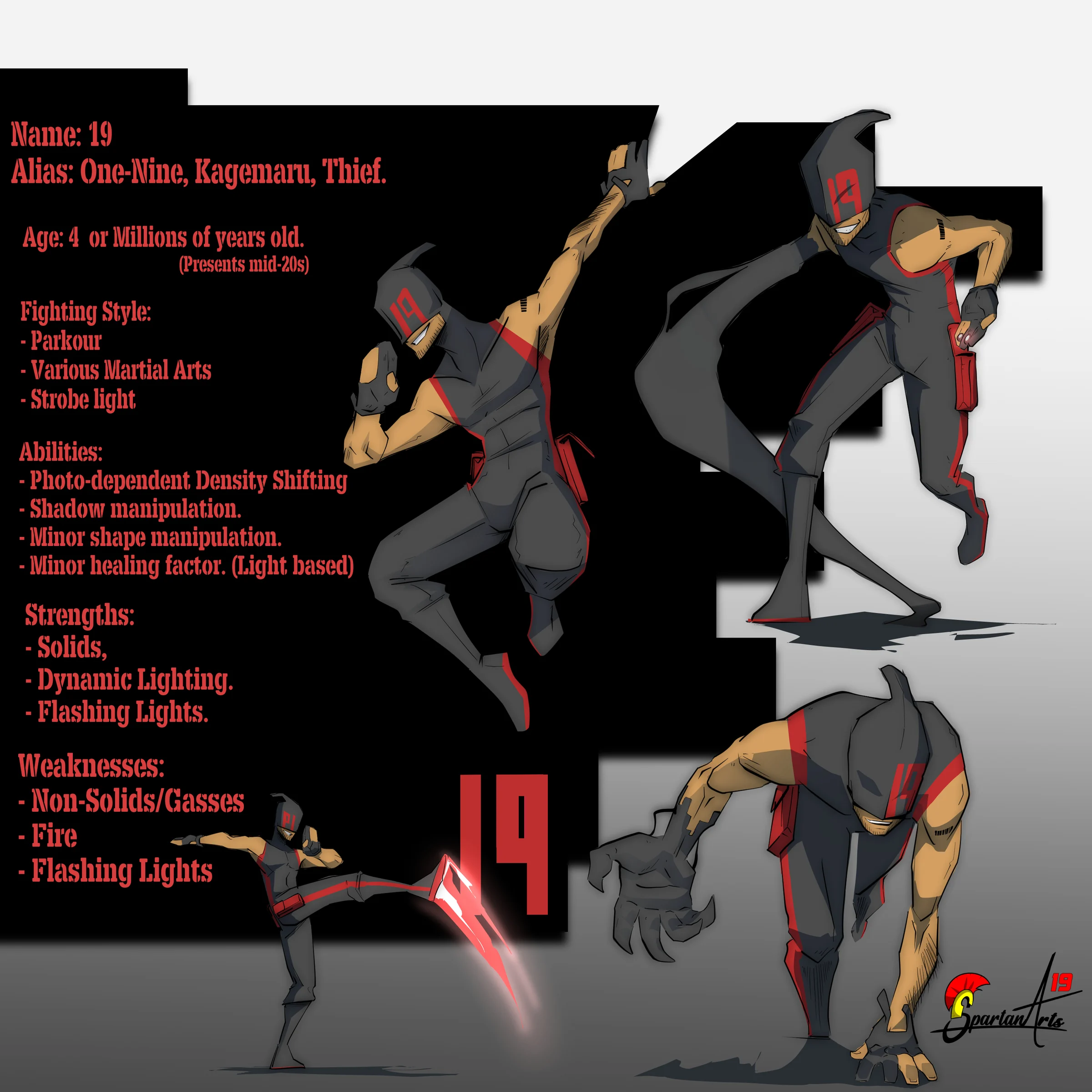 19 character sheet: a masked fighter in a black-and-red hooded bodysuit shown in four action poses, beside a stat panel listing his aliases, abilities, strengths and weaknesses.