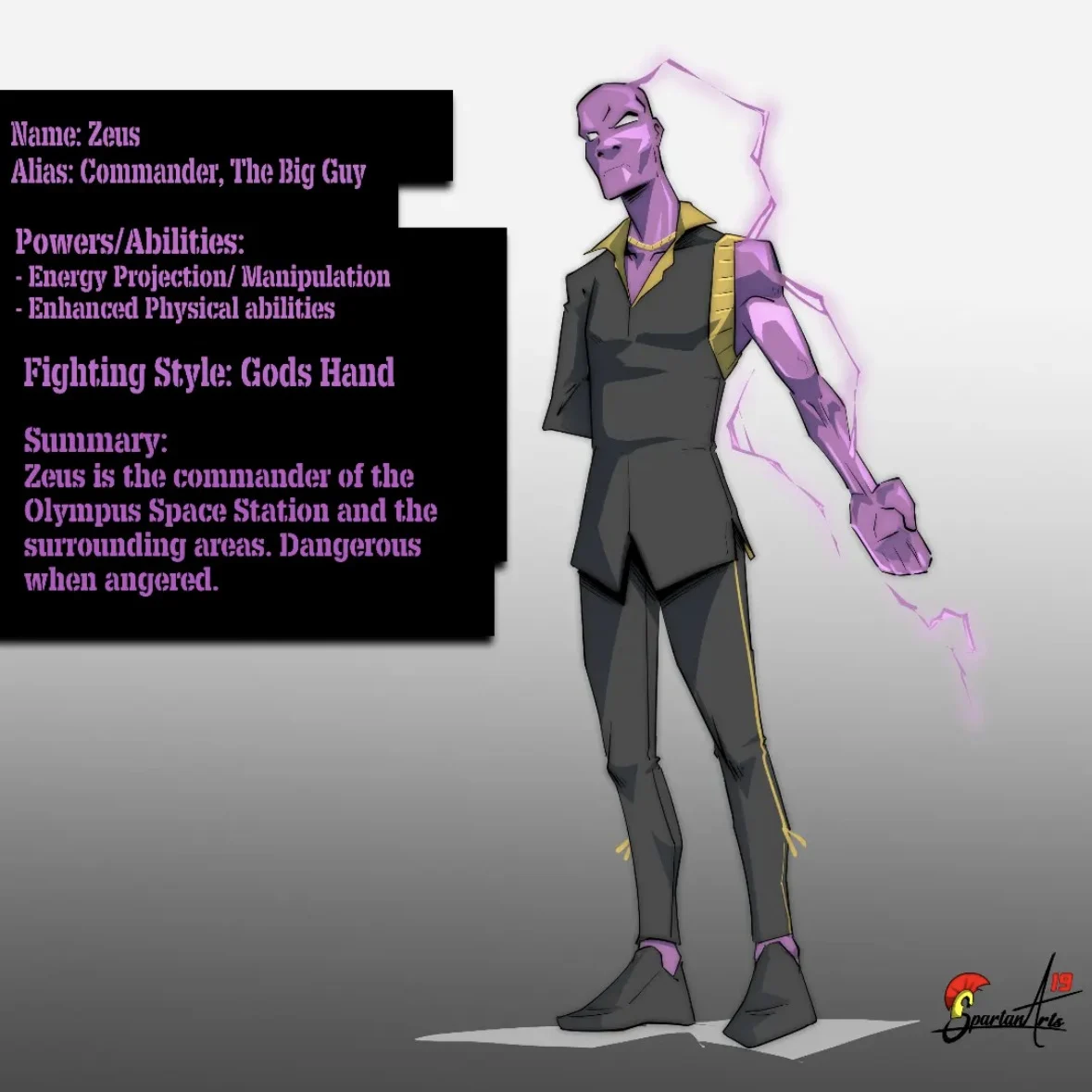 Zeus character sheet: a tall, bald, purple-skinned man in a black shirt with gold trim stands with purple lightning running down his clenched right fist, beside a stat panel listing his aliases, powers and fighting style.