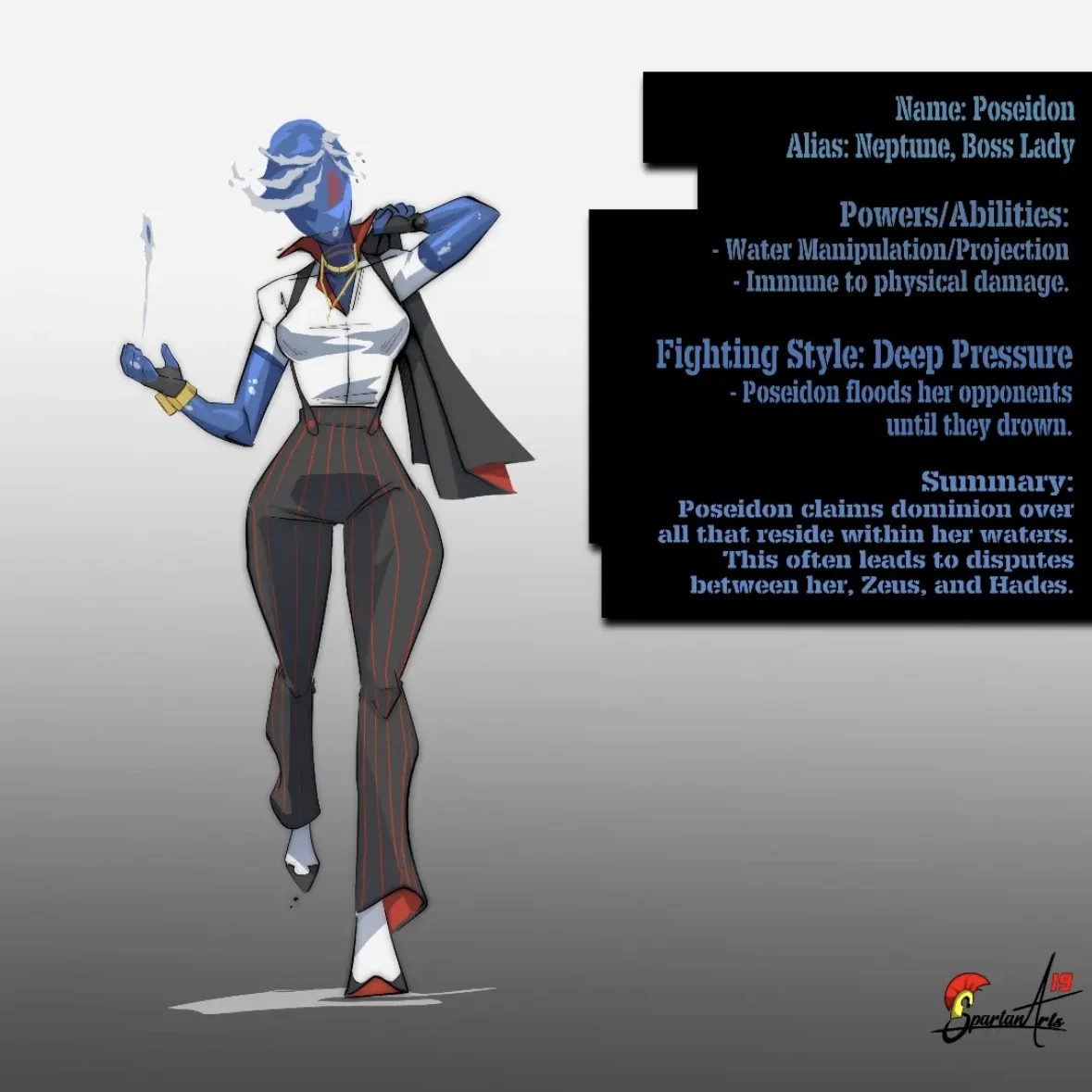 Poseidon character sheet: a blue-skinned woman with hair of swirling water walks forward in a white blouse and red-pinstriped trousers, jacket over her shoulder, a stream of water rising from her hand, beside a stat panel listing her aliases, powers and fighting style.